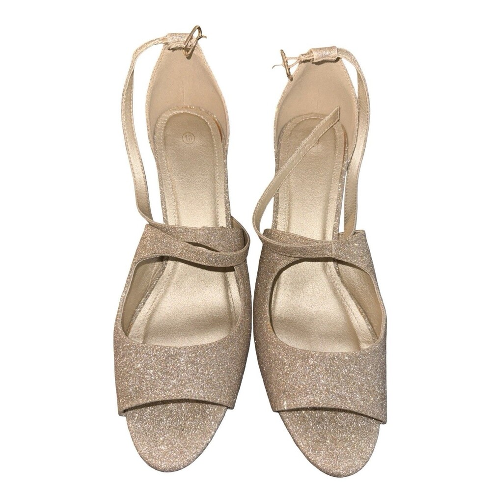 Mysoft Gold Glitter Ankle Strap Heels Women’s Size 10 Open Toe Dress Shoes